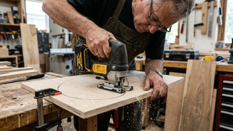 Cordless jigsaw with battery charger and safety glasses on a wooden workbench.