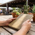 Artisan displaying handcrafted plant-based western boots in sunny Austin workshop.