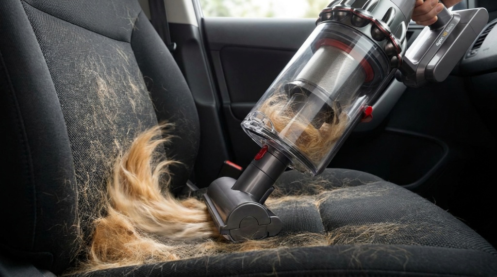 Handheld vacuum with a pet hair attachment cleaning a car trunk.