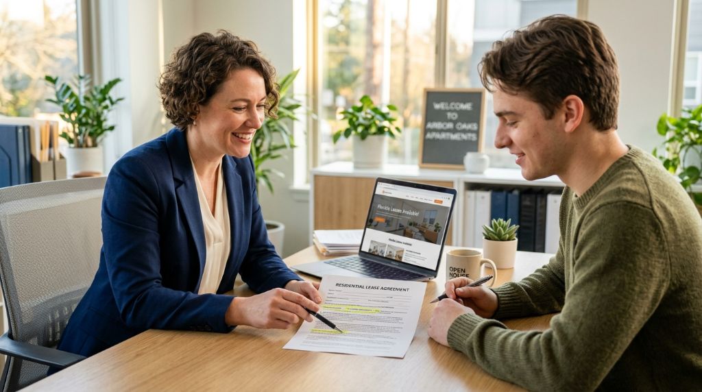Tenant discussing flexible rental terms with a property manager while reviewing lease conditions and monthly housing costs