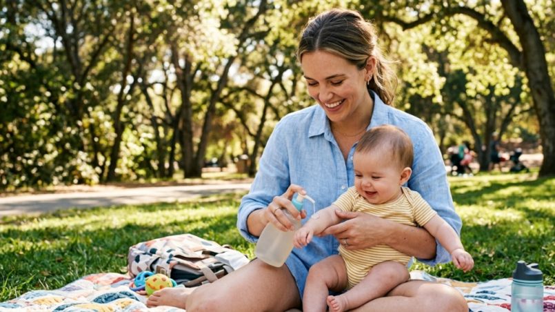 Bottle of lightweight baby lotion resting on a sunny white wooden table.