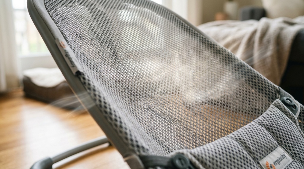 Close-up of breathable mesh fabric on a portable baby bouncer.