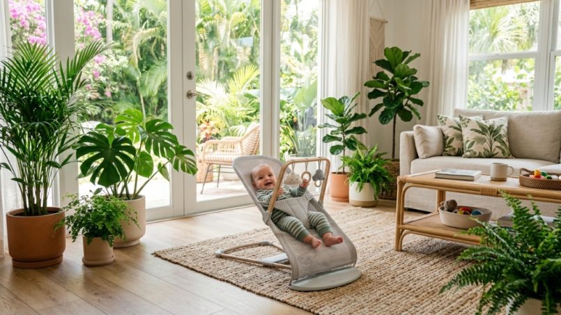 Breathable baby bouncer set up in a sunlit Florida living room.